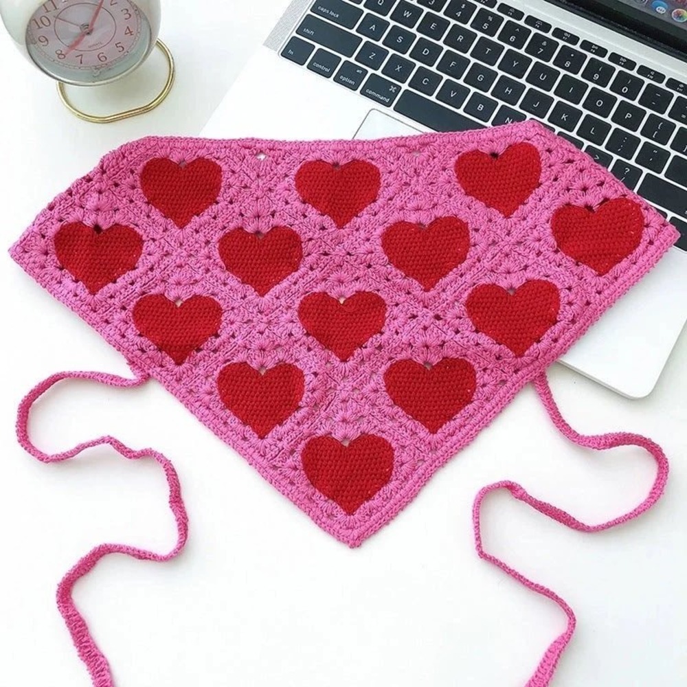 Be Sweet Pink Red Heart Crochet Bandana Hair Scarf Boho Cottagecore Headwrap NWT